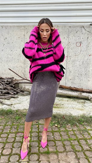 Şeker Pembe Siyah Zebra Desen Yumuş Tasarım Kazak