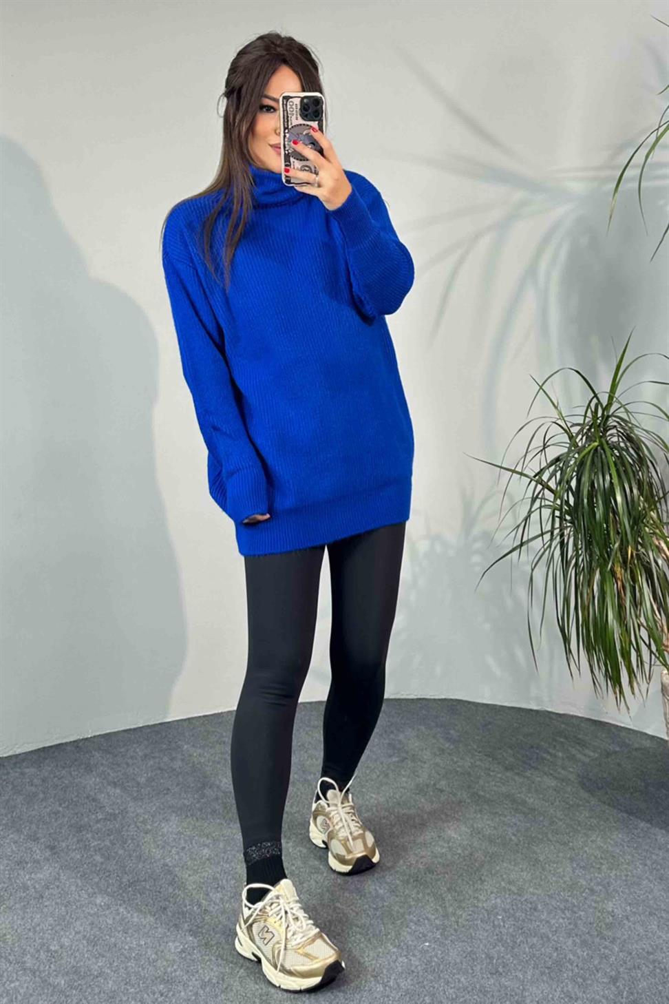 Oversize Balıkçı Yaka Kadın Kazak Saks