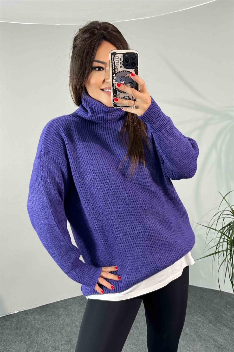 Oversize Balıkçı Yaka Kadın Kazak Mor