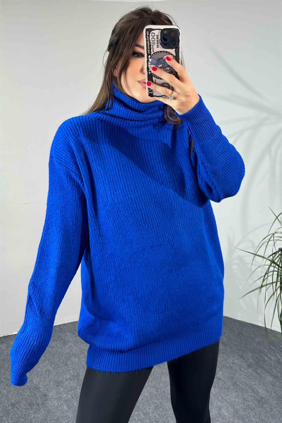 Oversize Balıkçı Yaka Kadın Kazak Saks