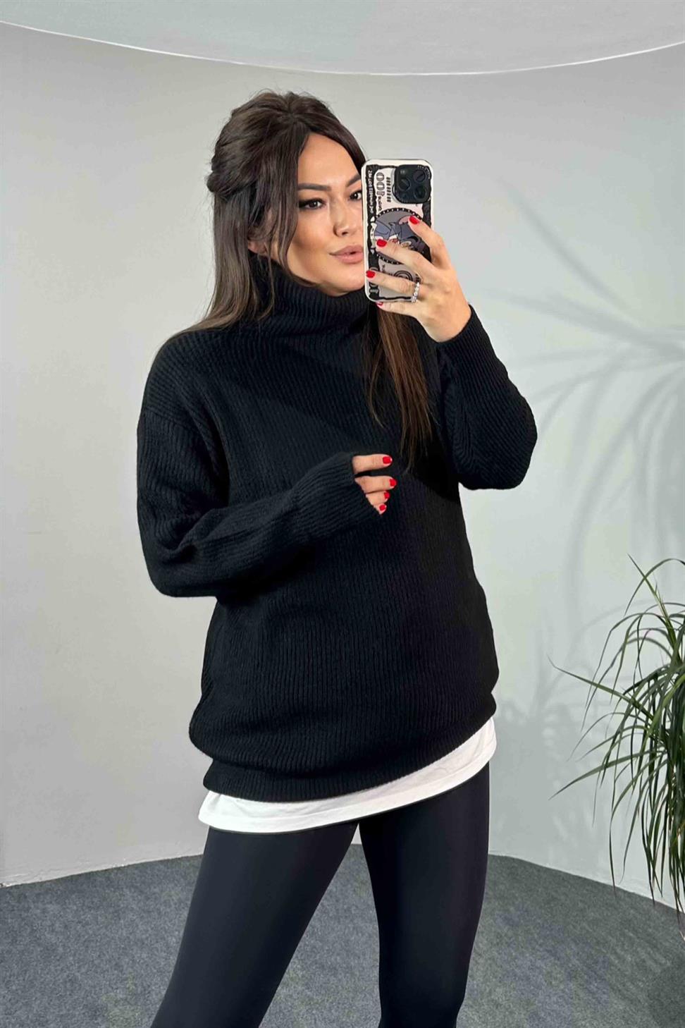 Oversize Balıkçı Yaka Kadın Kazak Siyah
