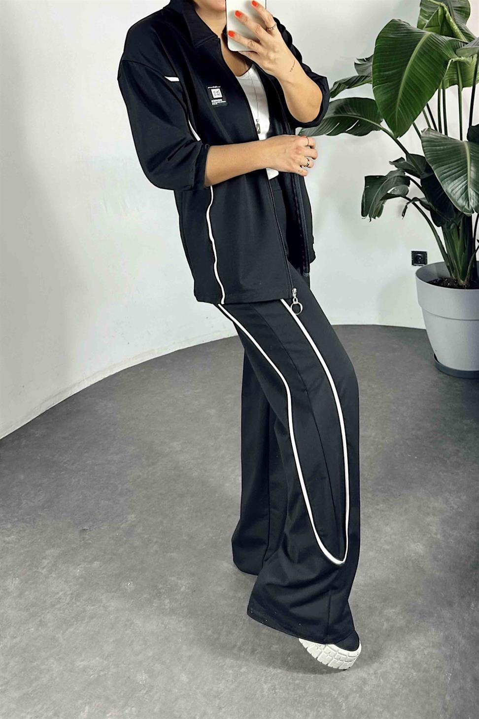 Şerit Detaylı Scuba İkili Kadın Takım Siyah