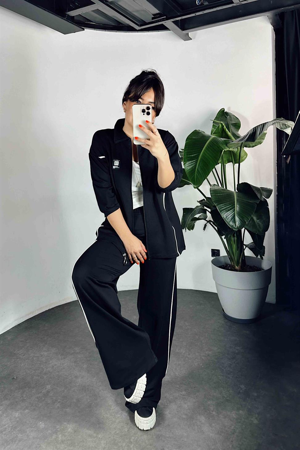 Şerit Detaylı Scuba İkili Kadın Takım Siyah