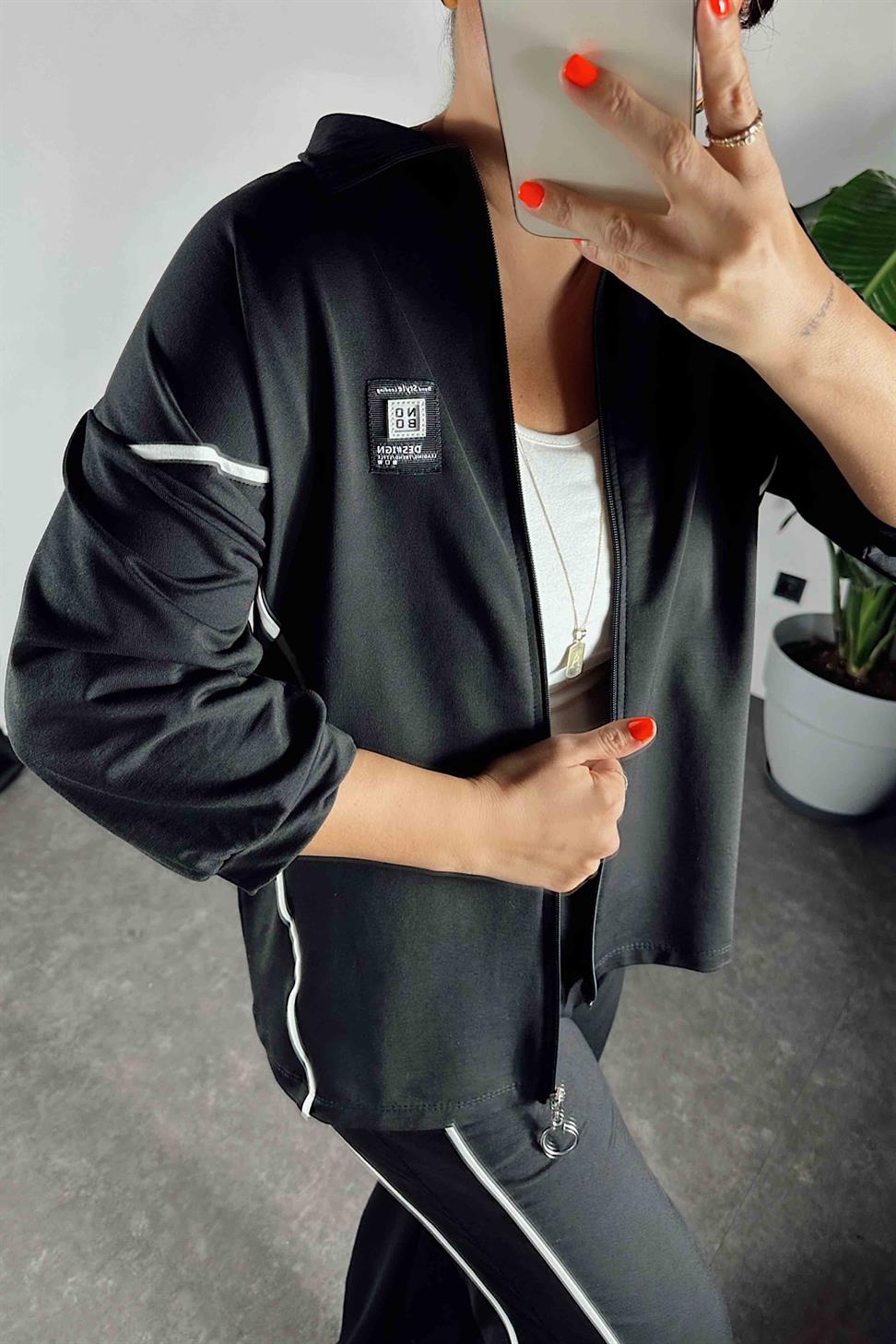 Şerit Detaylı Scuba İkili Kadın Takım Siyah