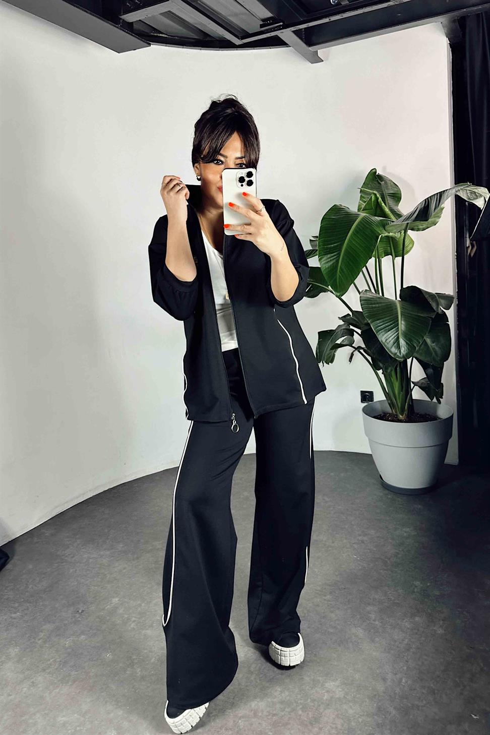 Şerit Detaylı Scuba İkili Kadın Takım Siyah