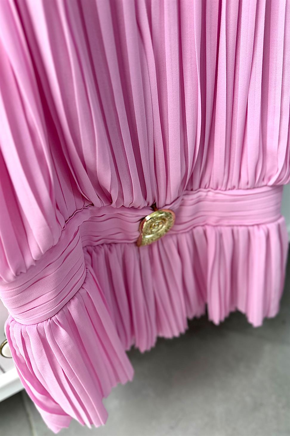 Şifon Gold Aksesuar Detaylı Fermuarlı Bluz Pembe