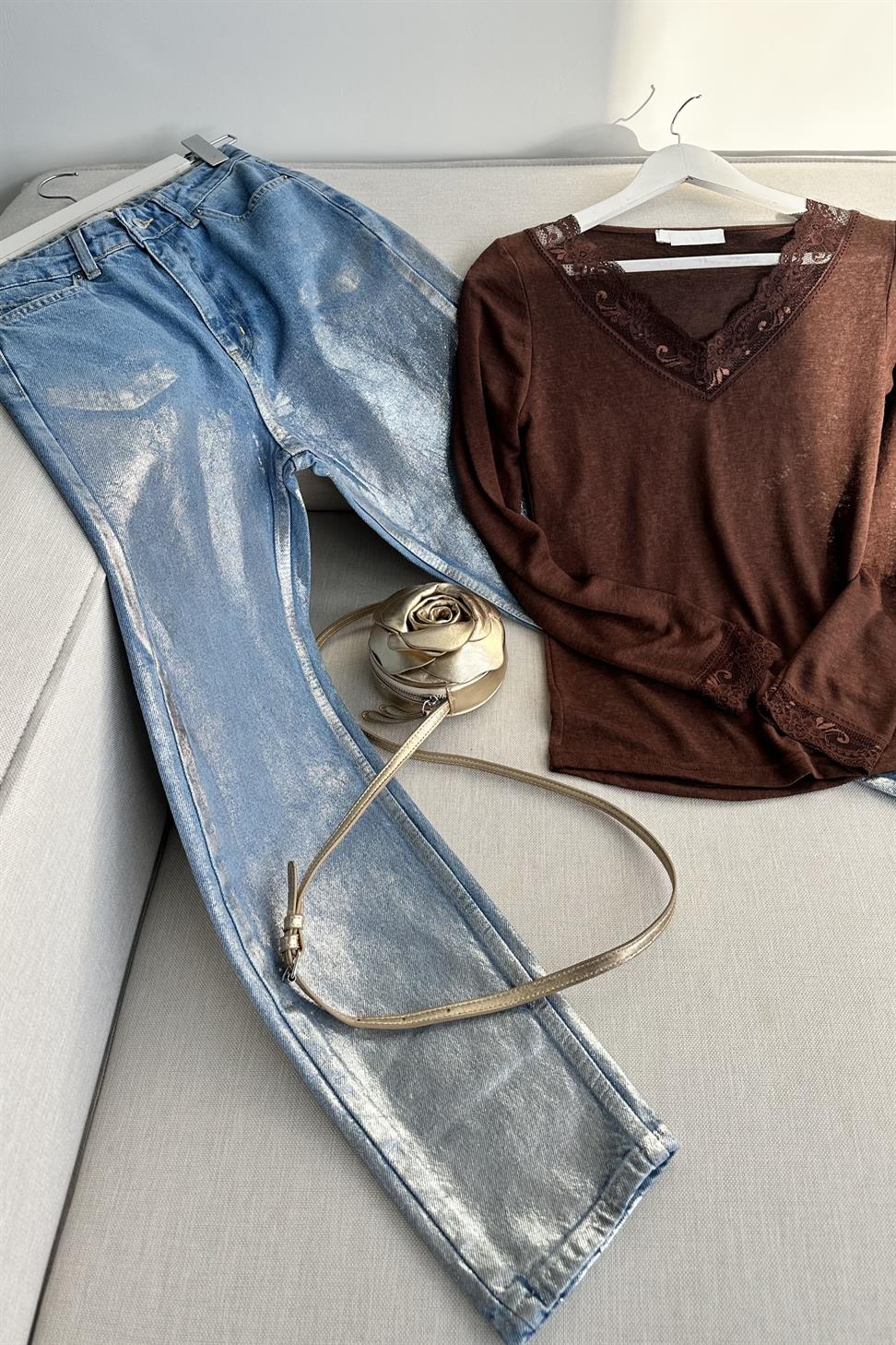 Silver Glam Mom Fit Jean Pantolon Mavi
