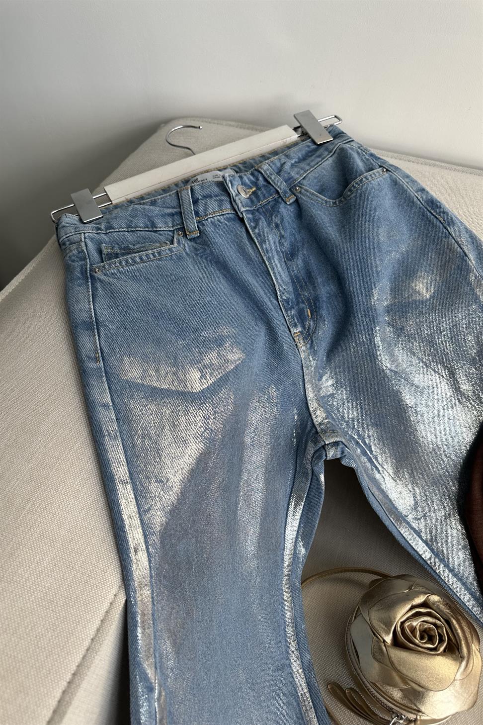Silver Glam Mom Fit Jean Pantolon Mavi