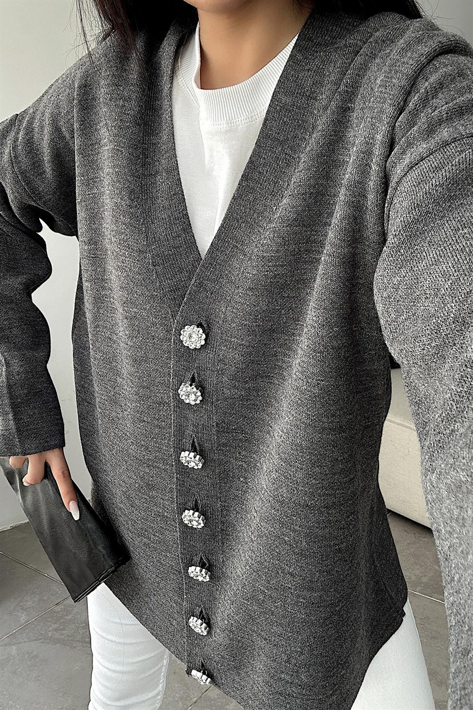 Silver Taş Düğme Detaylı Triko Hırka Antrasit