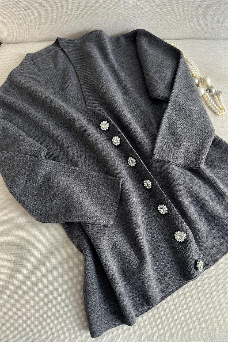 Silver Taş Düğme Detaylı Triko Hırka Antrasit