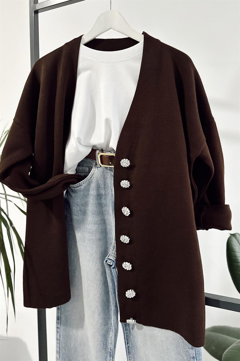 Silver Taş Düğme Detaylı Triko Hırka Acı Kahve