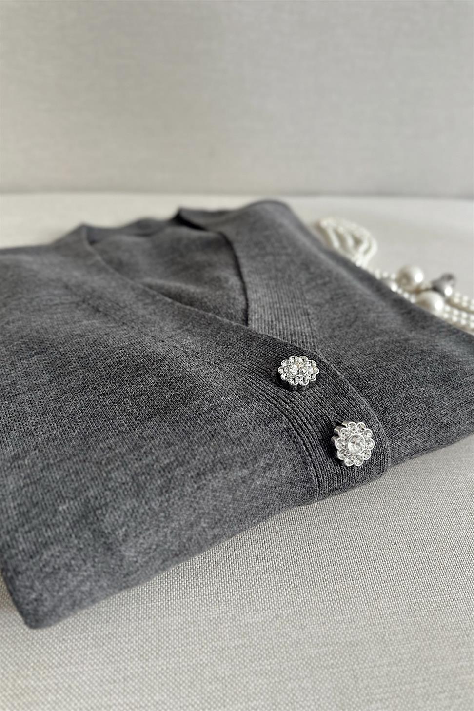 Silver Taş Düğme Detaylı Triko Hırka Antrasit