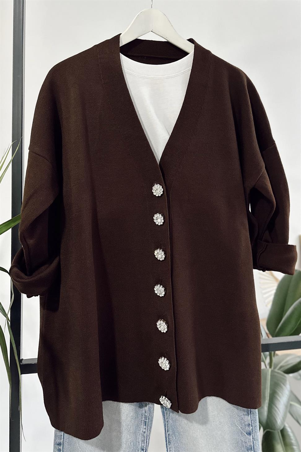 Silver Taş Düğme Detaylı Triko Hırka Acı Kahve