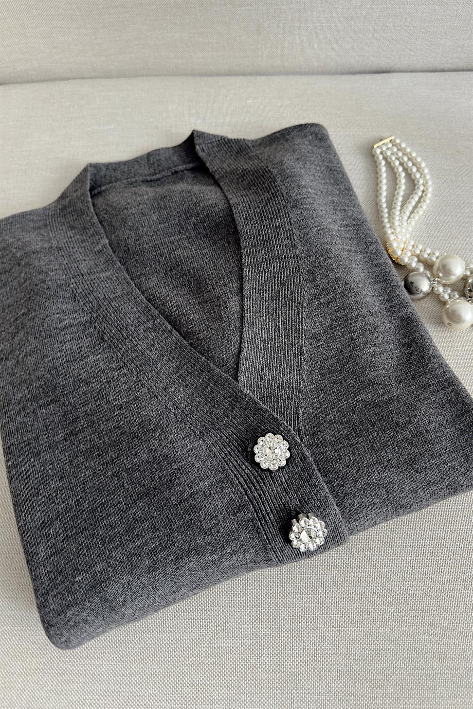 Silver Taş Düğme Detaylı Triko Hırka Antrasit