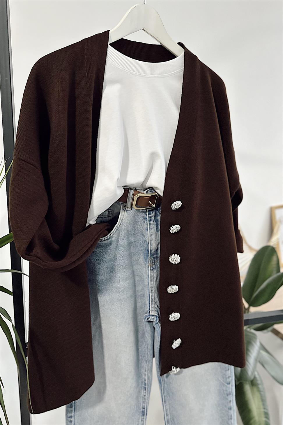 Silver Taş Düğme Detaylı Triko Hırka Acı Kahve