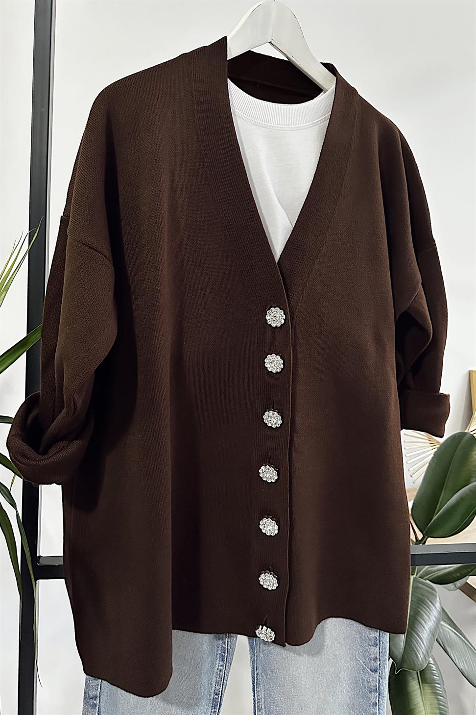 Silver Taş Düğme Detaylı Triko Hırka Acı Kahve