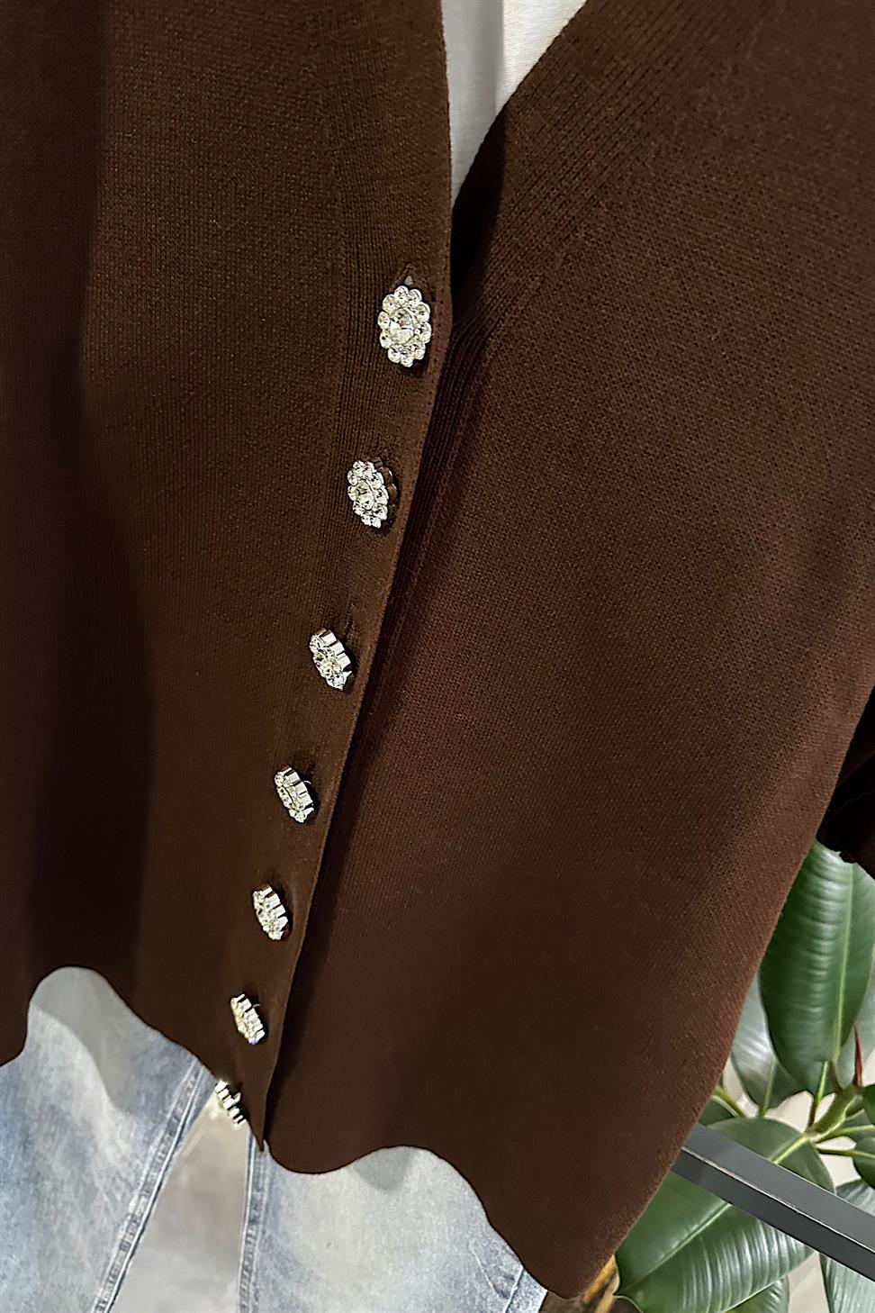 Silver Taş Düğme Detaylı Triko Hırka Acı Kahve