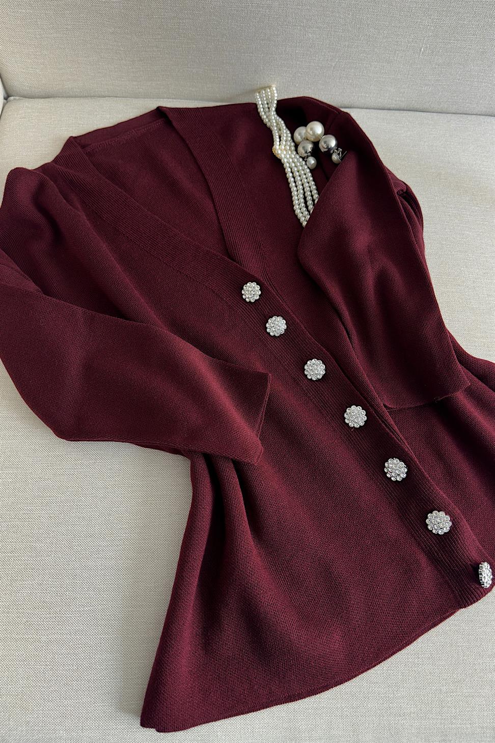 Silver Taş Düğme Detaylı Triko Hırka Bordo