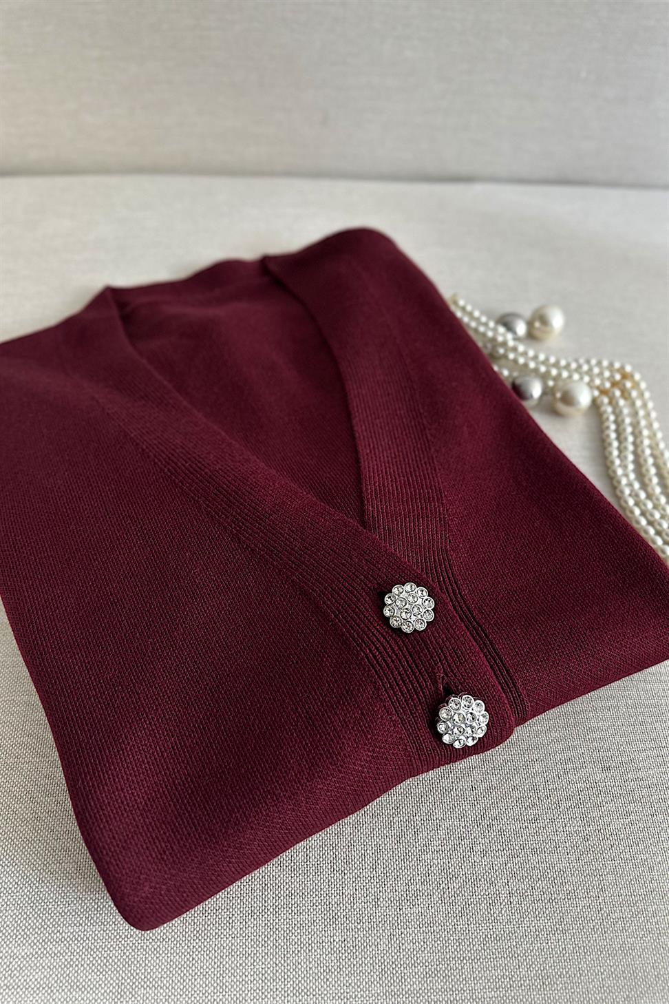 Silver Taş Düğme Detaylı Triko Hırka Bordo