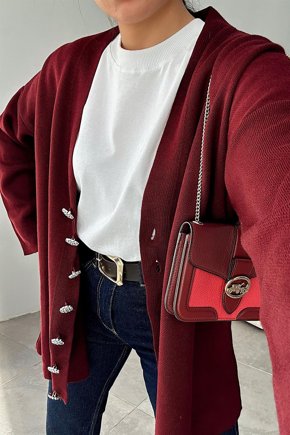 Silver Taş Düğme Detaylı Triko Hırka Bordo