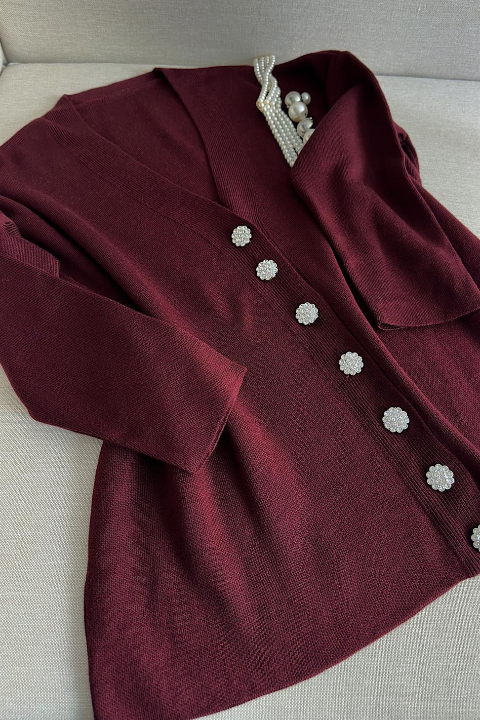 Silver Taş Düğme Detaylı Triko Hırka Bordo
