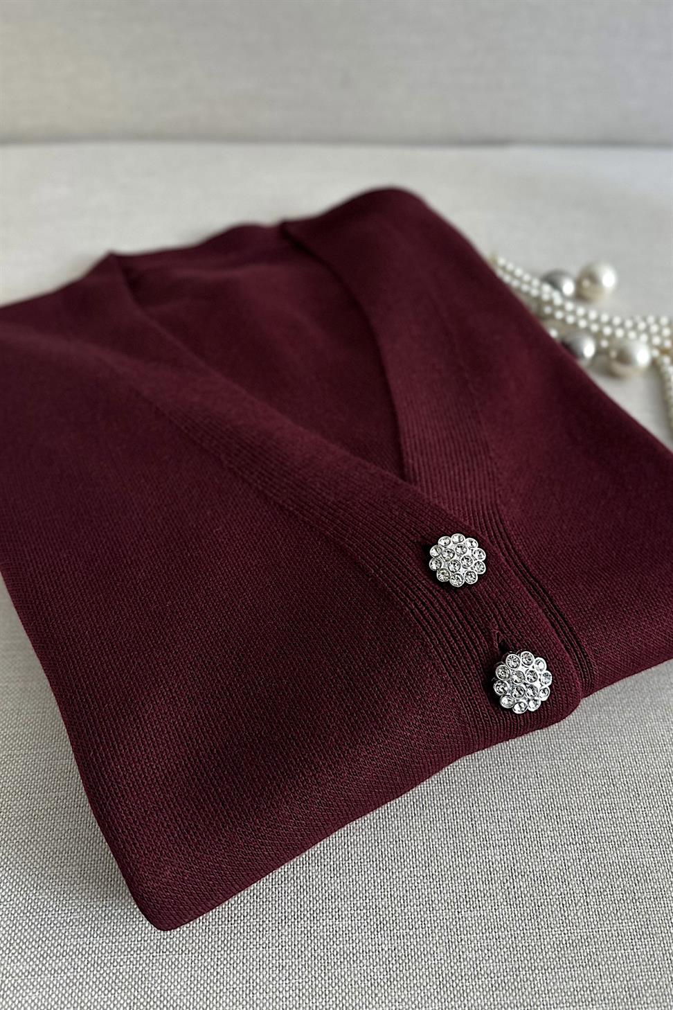 Silver Taş Düğme Detaylı Triko Hırka Bordo