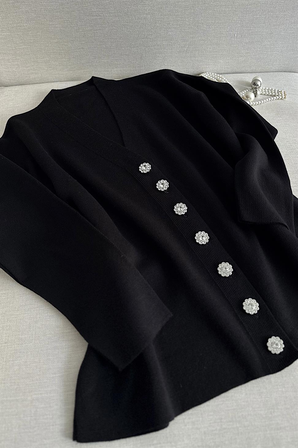 Silver Taş Düğme Detaylı Triko Hırka Siyah