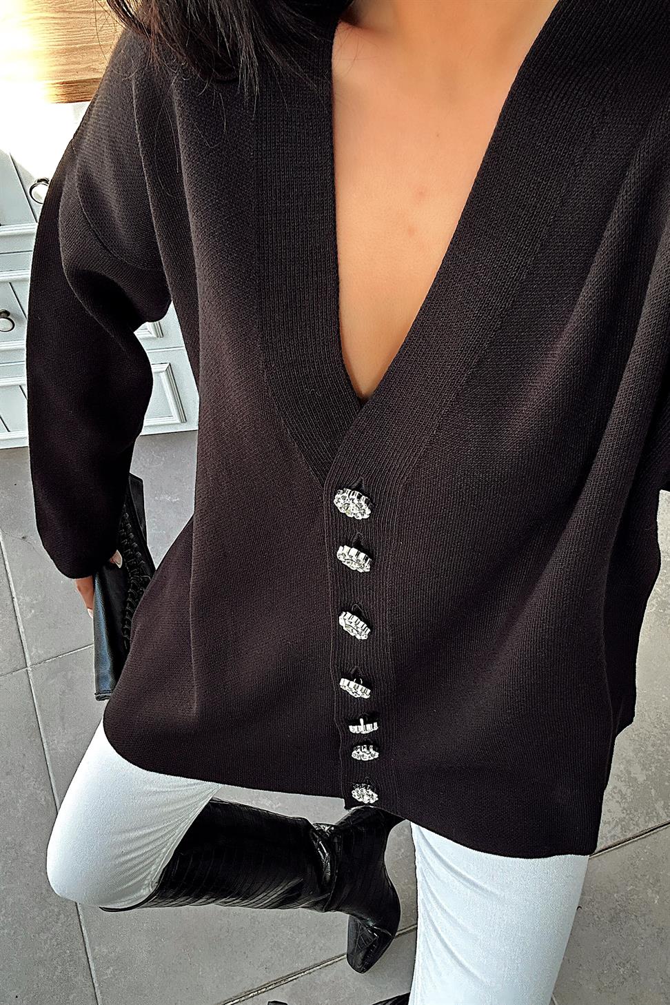 Silver Taş Düğme Detaylı Triko Hırka Siyah