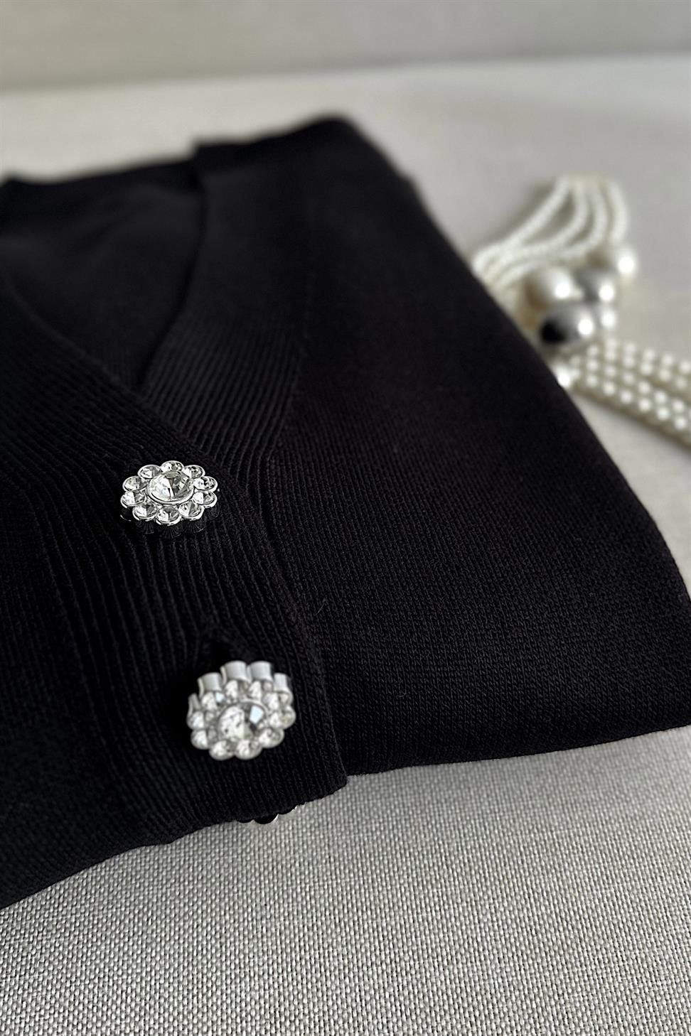 Silver Taş Düğme Detaylı Triko Hırka Siyah