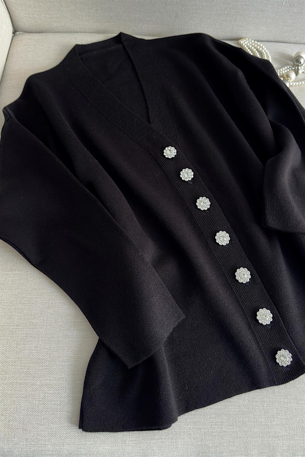 Silver Taş Düğme Detaylı Triko Hırka Siyah