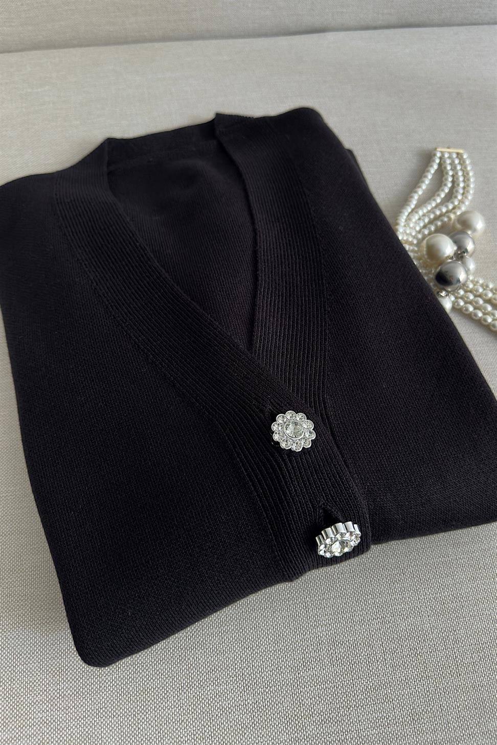 Silver Taş Düğme Detaylı Triko Hırka Siyah