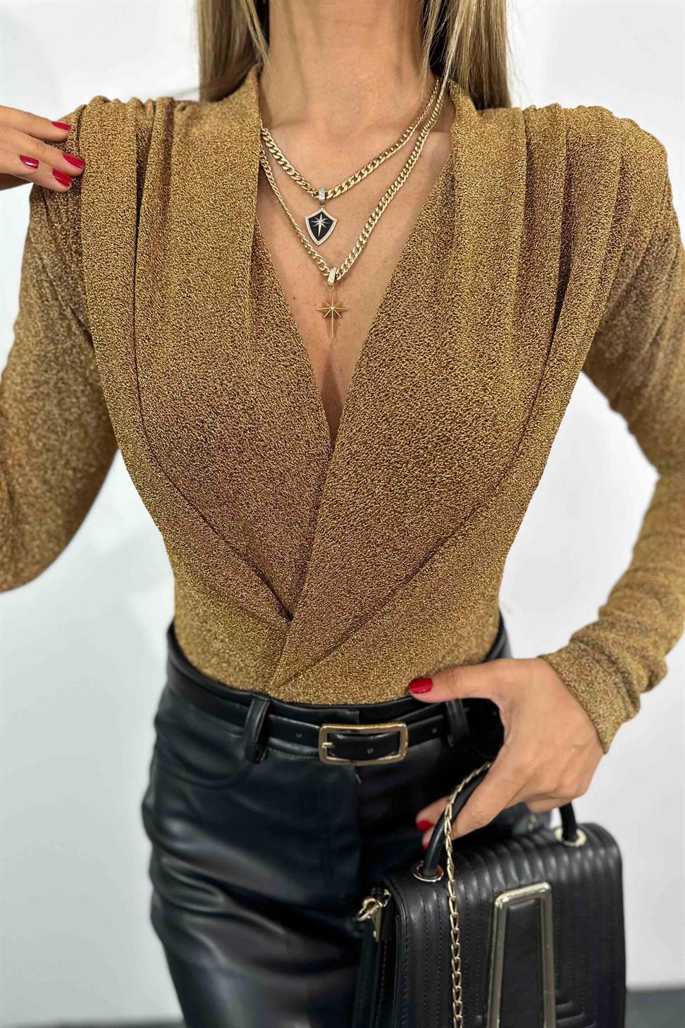 Sim İplik Dokuma Likralı Kumaş Vatkalı Body Suit Gold