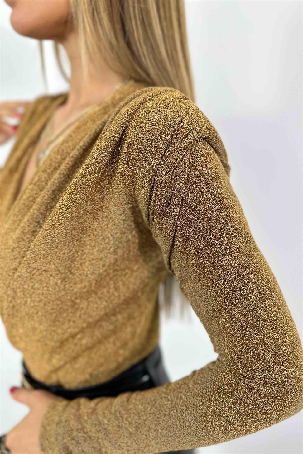 Sim İplik Dokuma Likralı Kumaş Vatkalı Body Suit Gold
