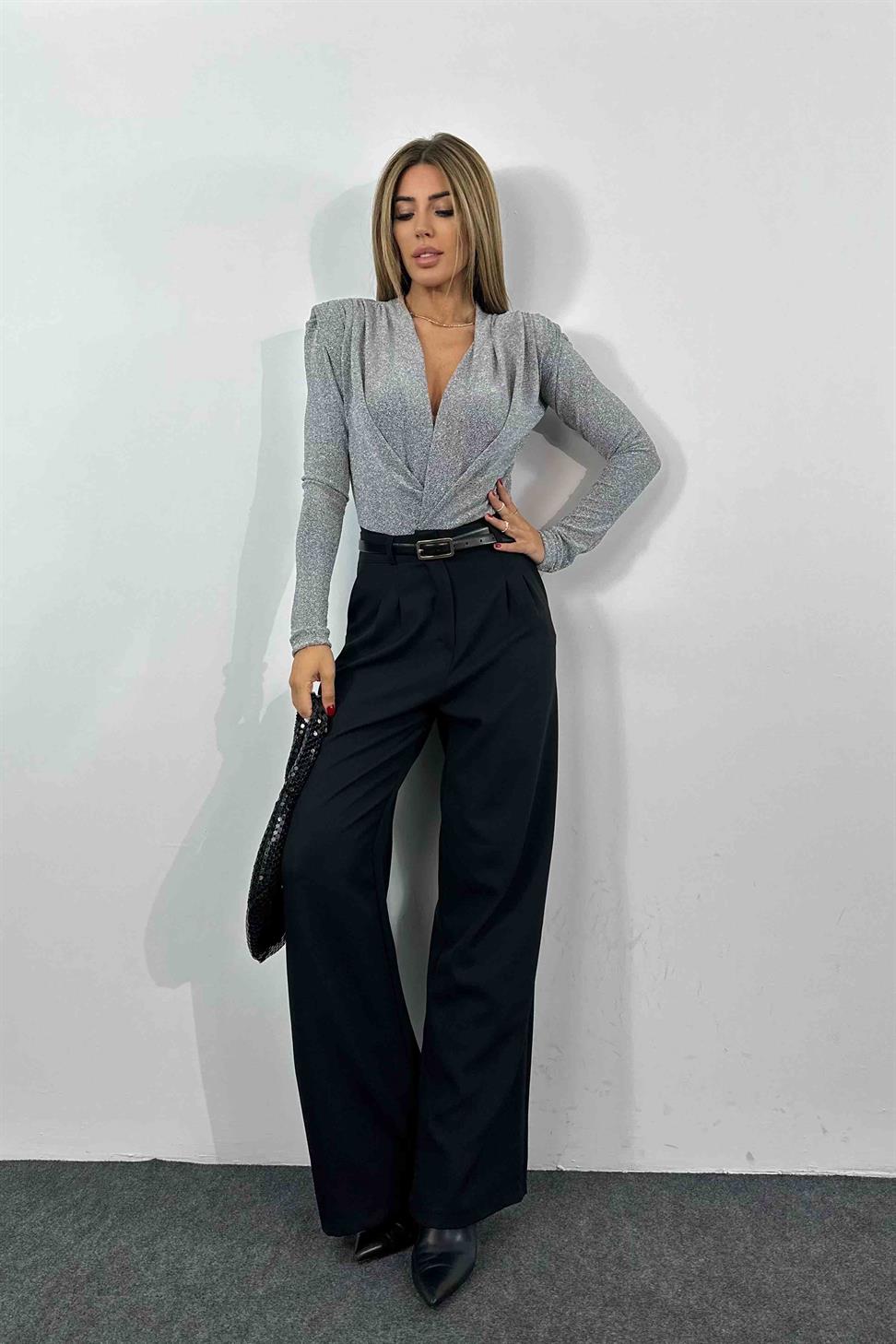 Sim İplik Dokuma Likralı Kumaş Vatkalı Body Suit Silver