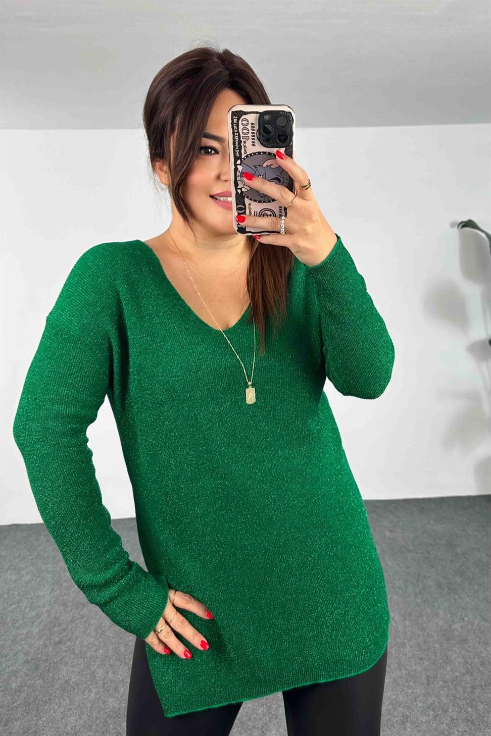 Sim İplik İnce Örme V Yaka Yırtmaçlı Bluz Yeşil
