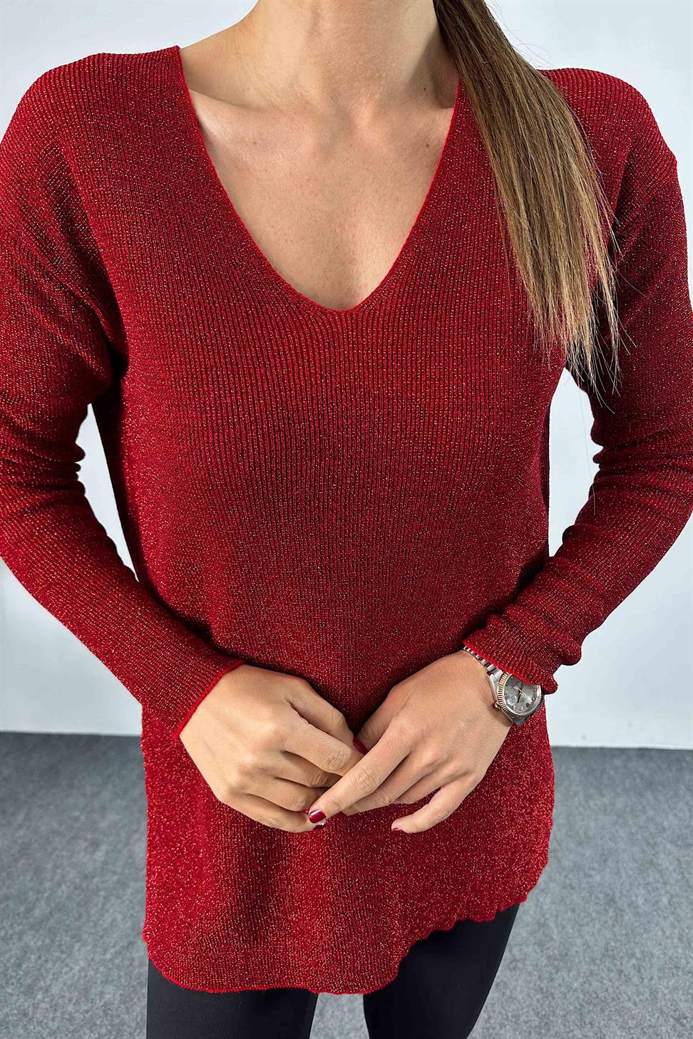 Sim İplik İnce Örme V Yaka Yırtmaçlı Bluz Bordo
