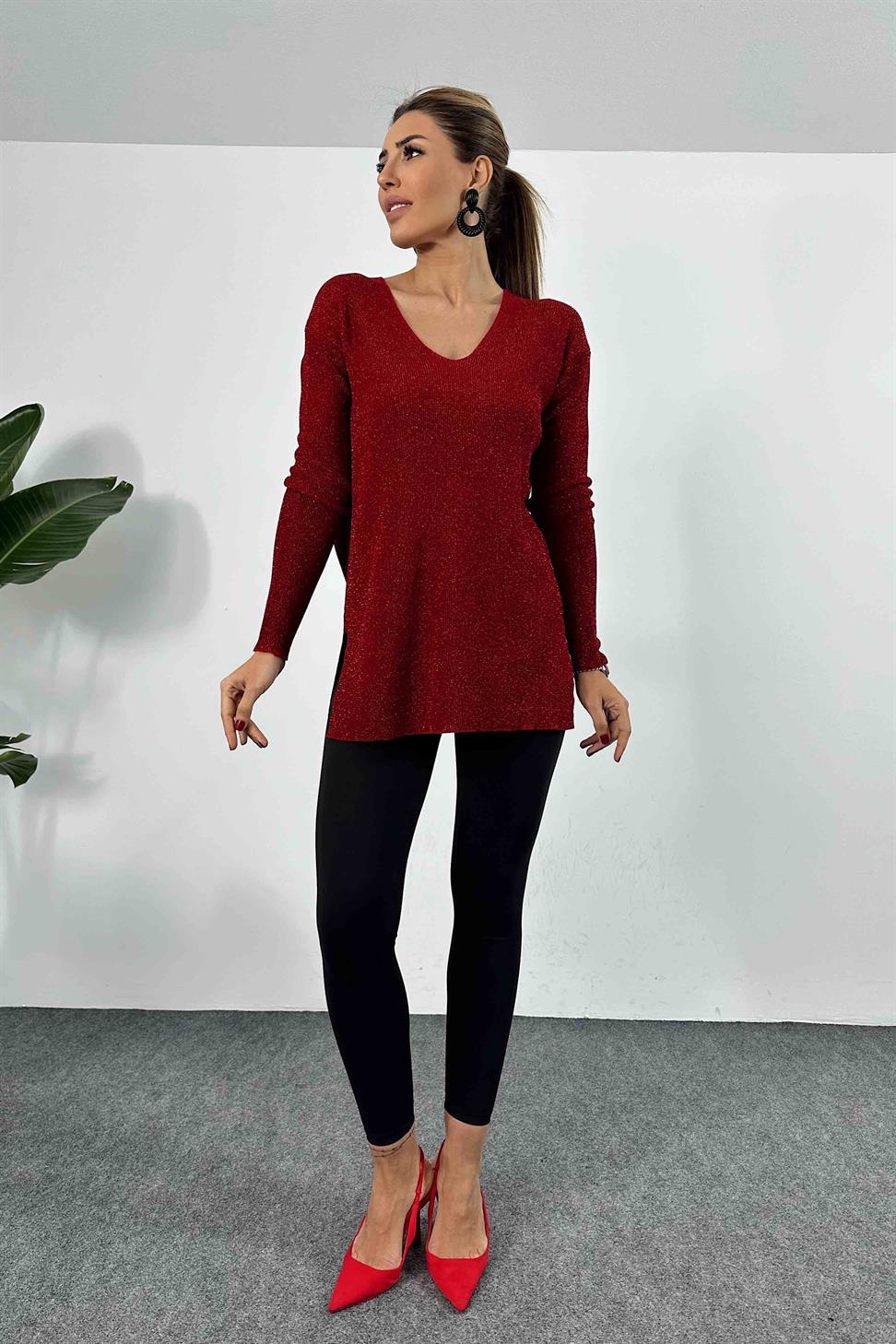 Sim İplik İnce Örme V Yaka Yırtmaçlı Bluz Bordo