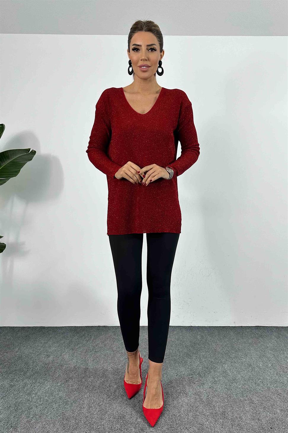 Sim İplik İnce Örme V Yaka Yırtmaçlı Bluz Bordo