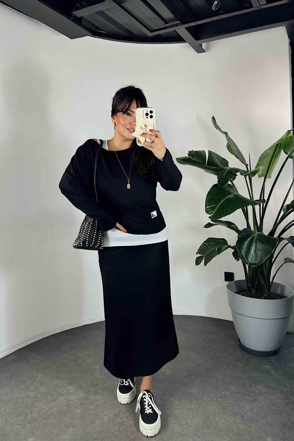 Sim Şerit Detay Üçlü Kadın Takım Siyah