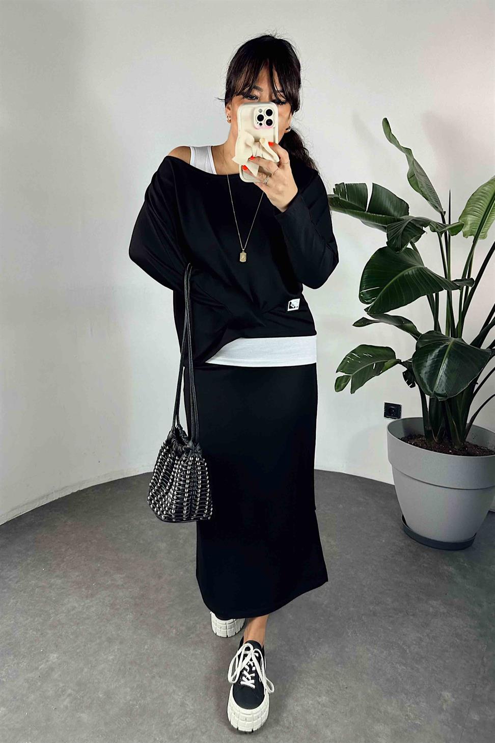 Sim Şerit Detay Üçlü Kadın Takım Siyah