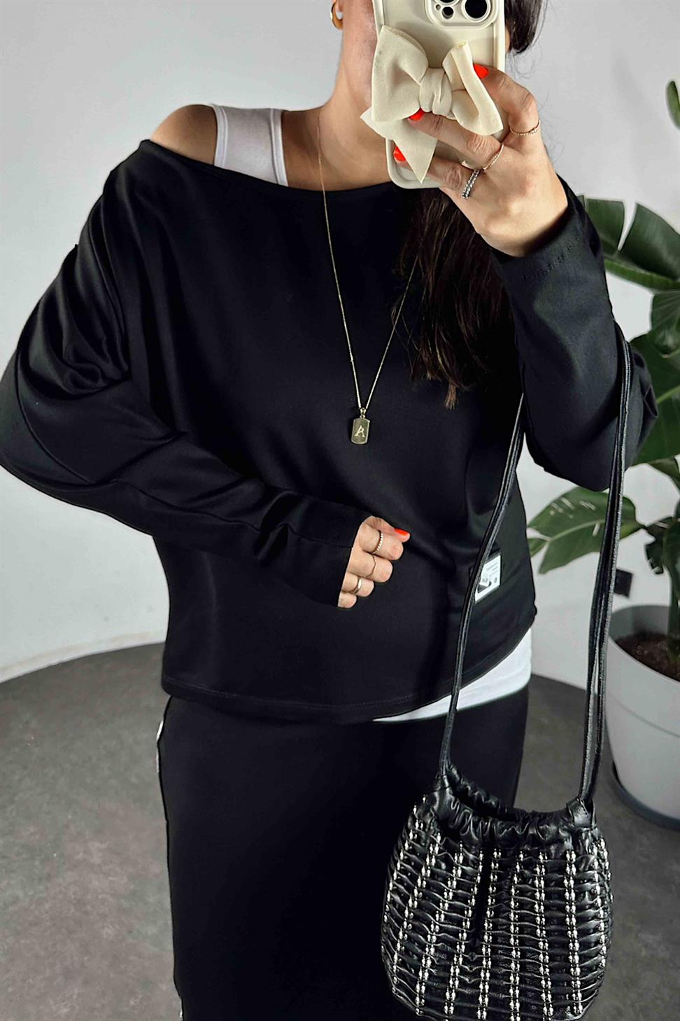 Sim Şerit Detay Üçlü Kadın Takım Siyah