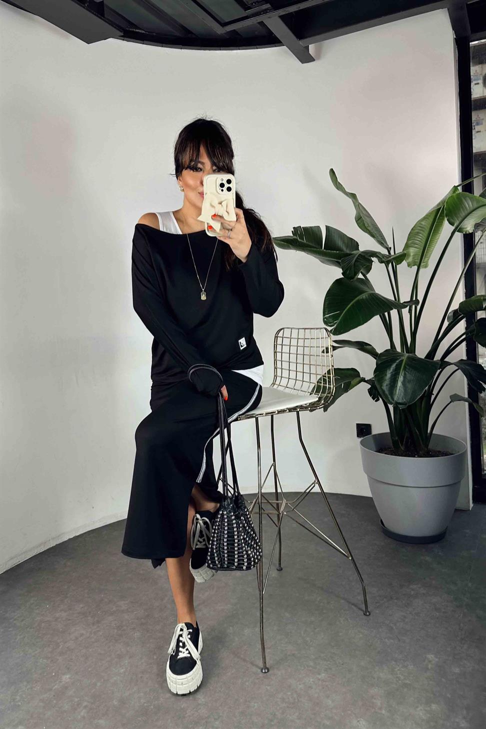 Sim Şerit Detay Üçlü Kadın Takım Siyah