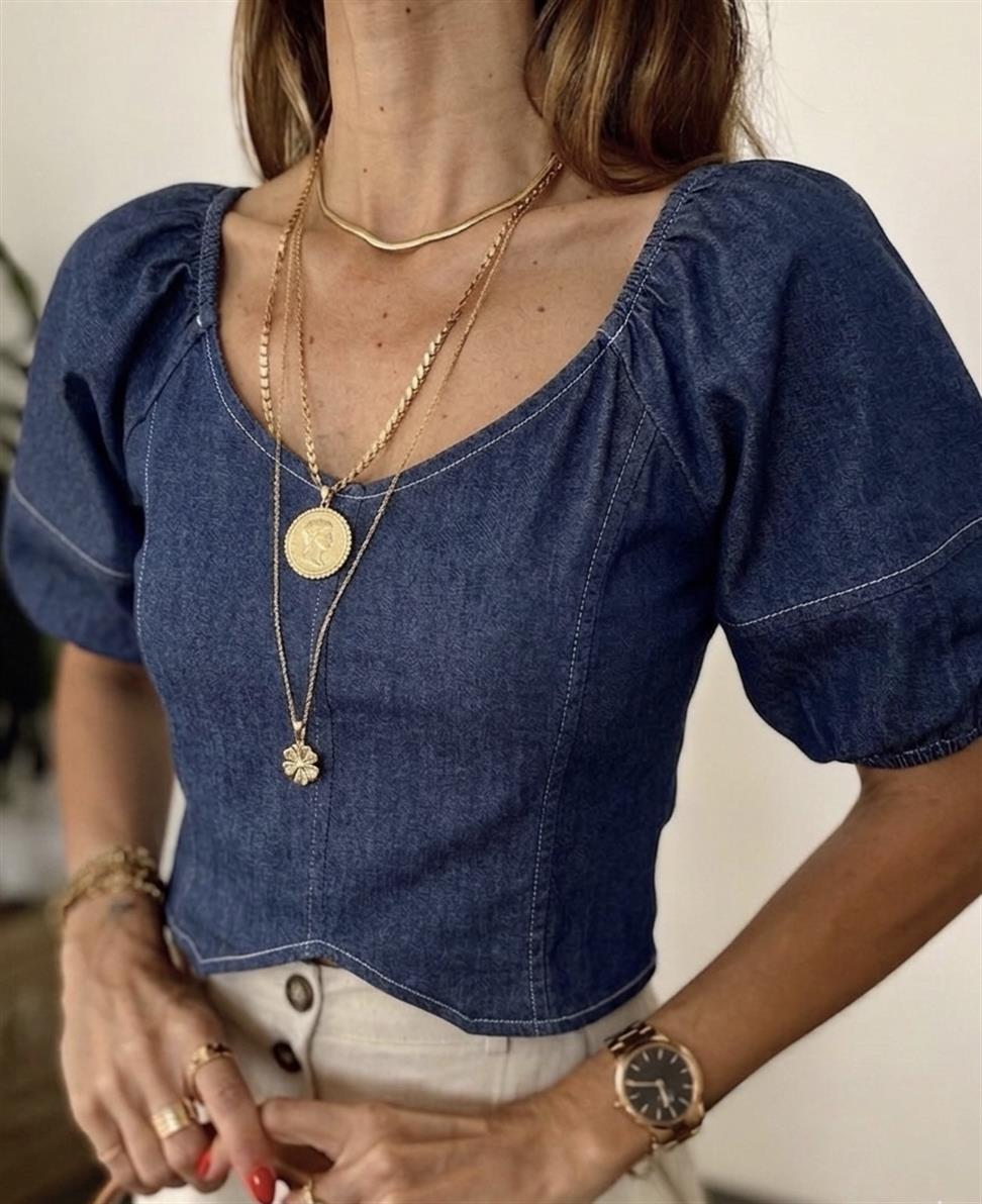 Sırt Dekolteli İnce Denim Crop Bluz Mavi
