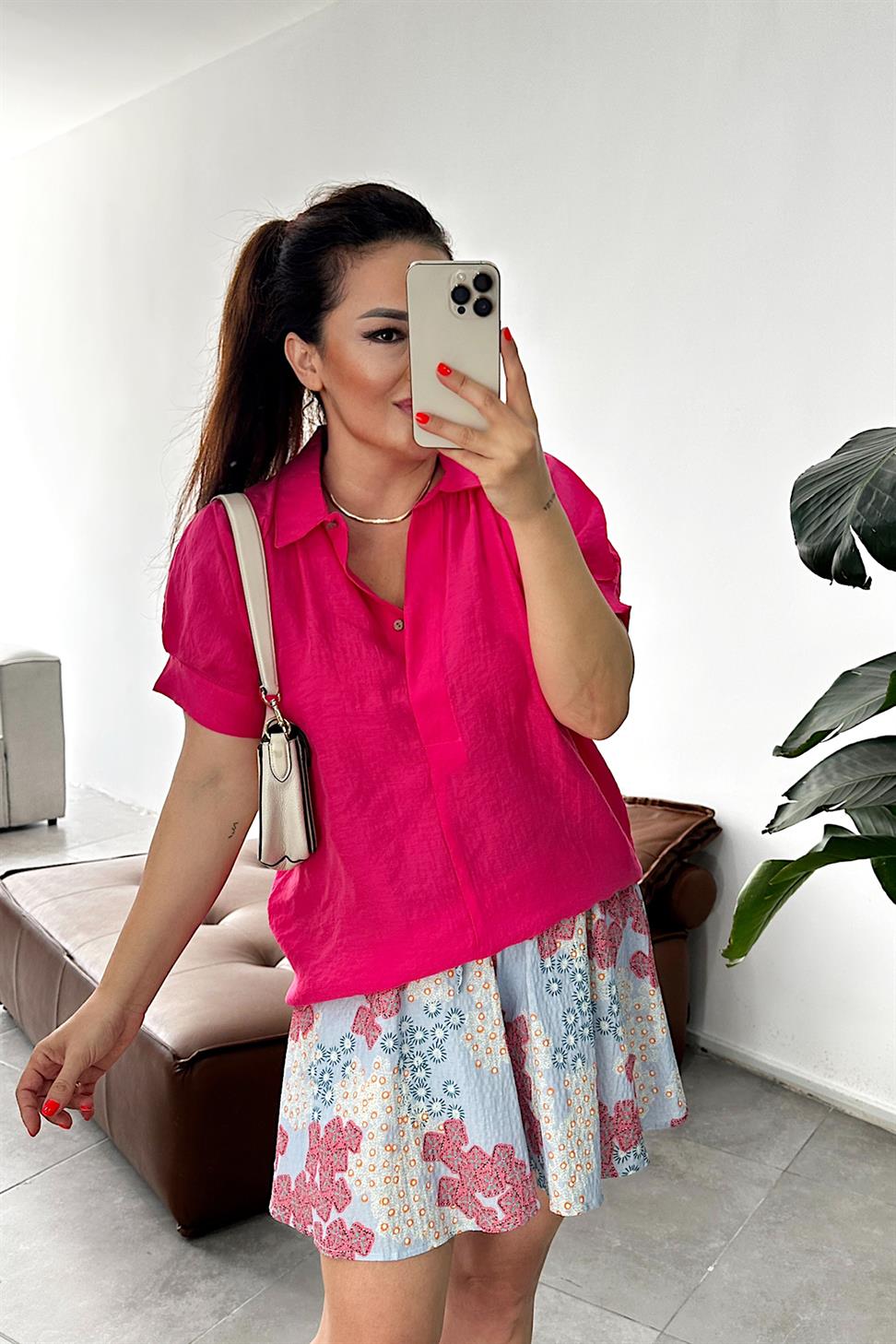 Sırt Düğme Detaylı Tasarım Gömlek Fuşya