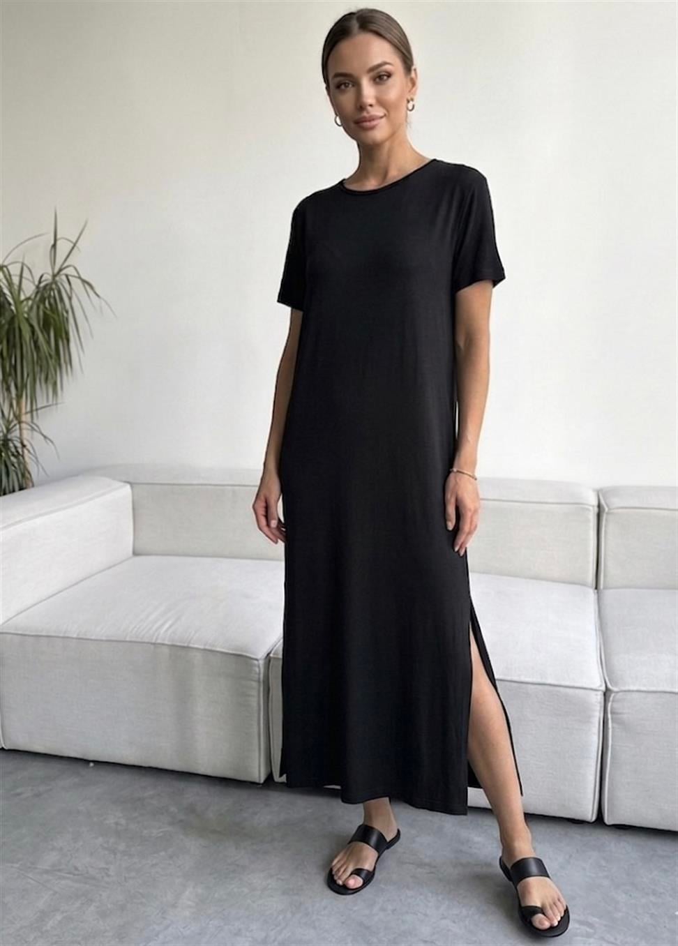 Siyah Çift Yırtmaçlı Pamuk Penye Elbise