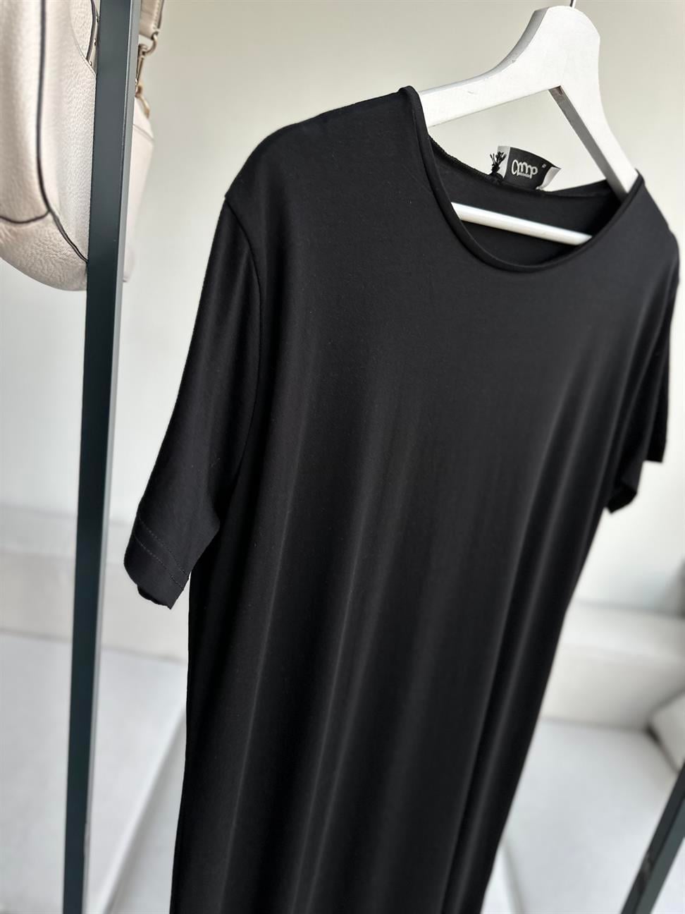 Siyah Çift Yırtmaçlı Pamuk Penye Elbise