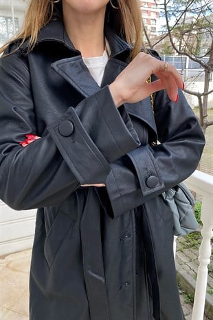 Siyah Deri Tasarım Trenchcoat