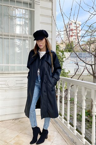 Siyah Deri Tasarım Trenchcoat