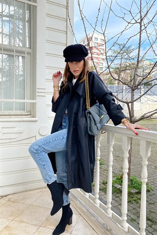 Siyah Deri Tasarım Trenchcoat