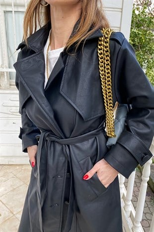 Siyah Deri Tasarım Trenchcoat